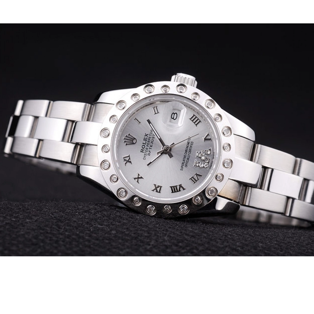 Aaa replica watch 7474 Dial Datejust Silver Bezel Diamonds Silver Polished Rolex 0620